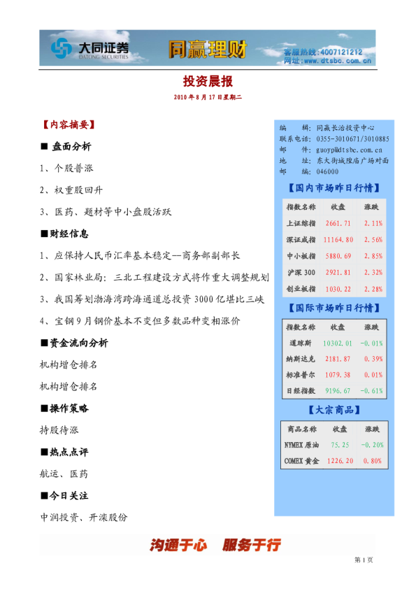大同证券同赢长治投资晨报
