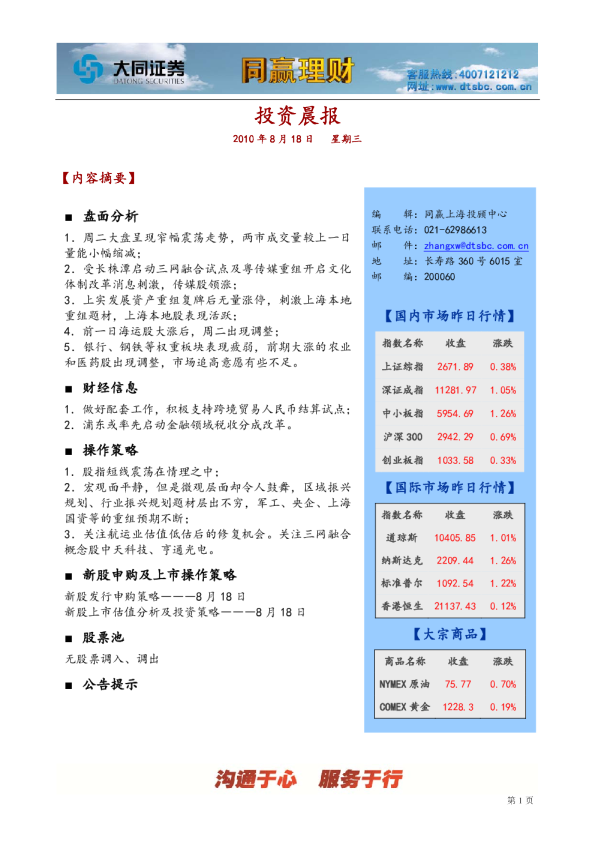 大同证券同赢上海投资晨报