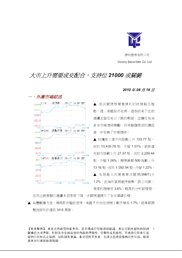 胜利证券：大市上升需要成交配合,支持位21000成关键