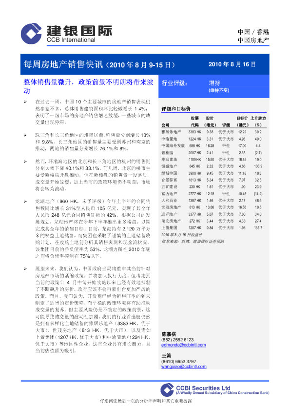 每周房地产销售快讯：整体销售量微升,政策前景不明朗将带来波动