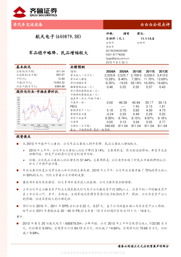 军品稳中略降,民品增幅较大