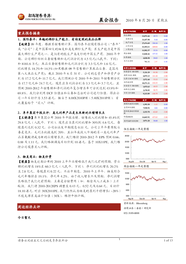 招商证券(香港)晨会报告