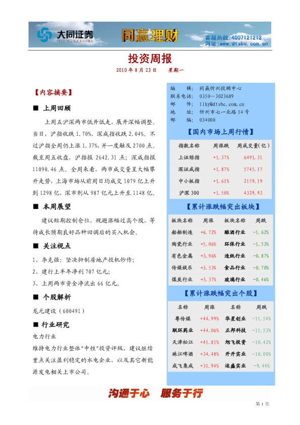 同赢忻州投资周报