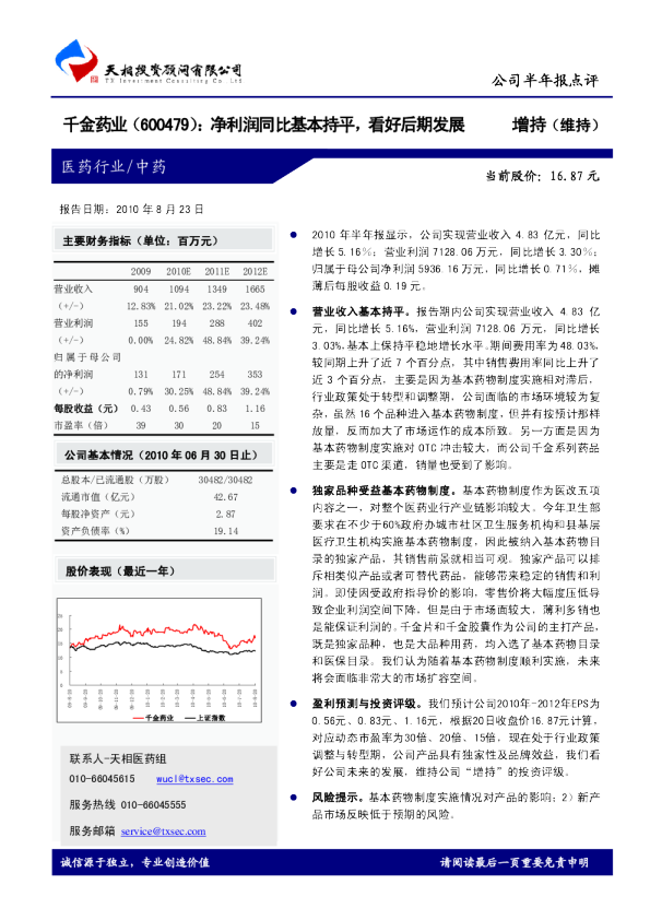 净利润同比基本持平，看好后期发展