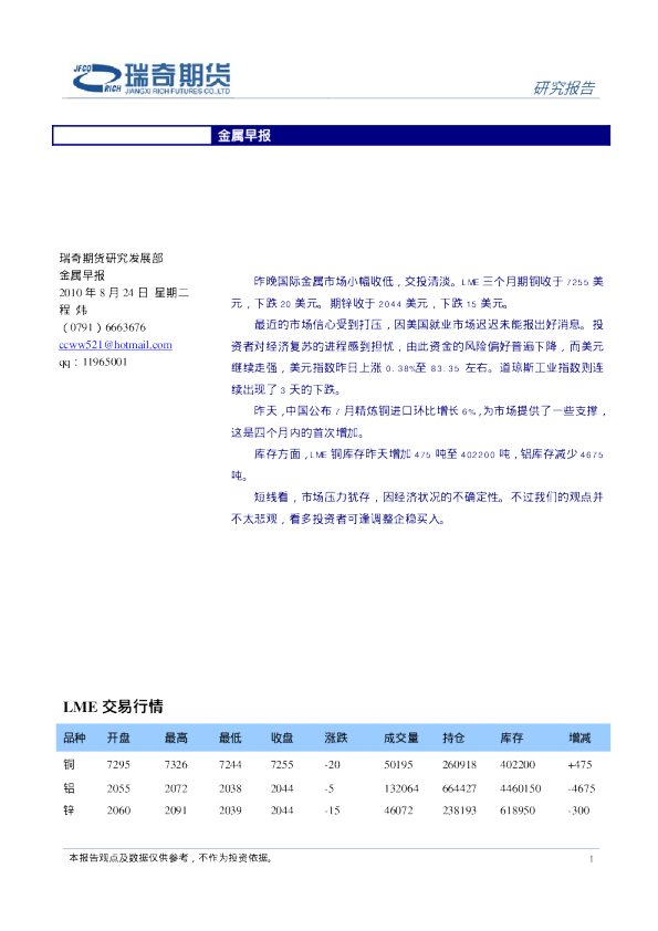 瑞奇期货金属早报