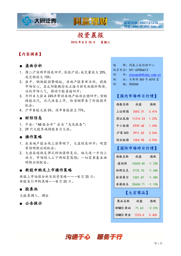 大同证券同赢上海投资晨报