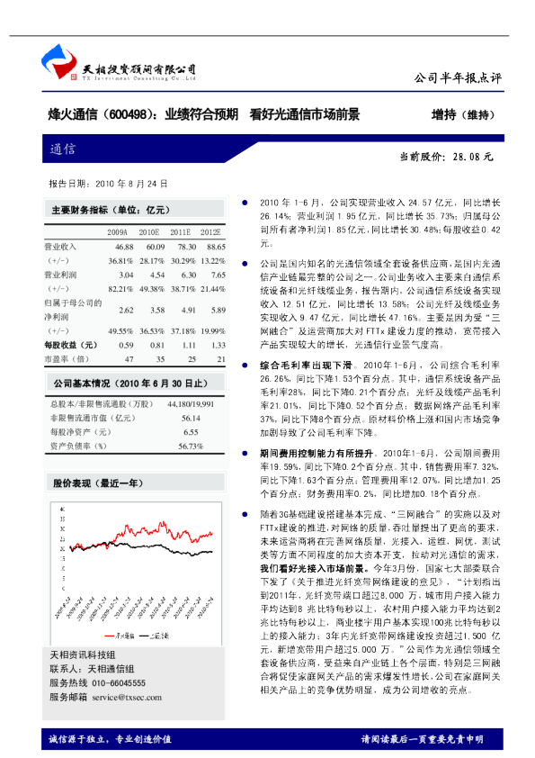 业绩符合预期，看好光通信市场前景