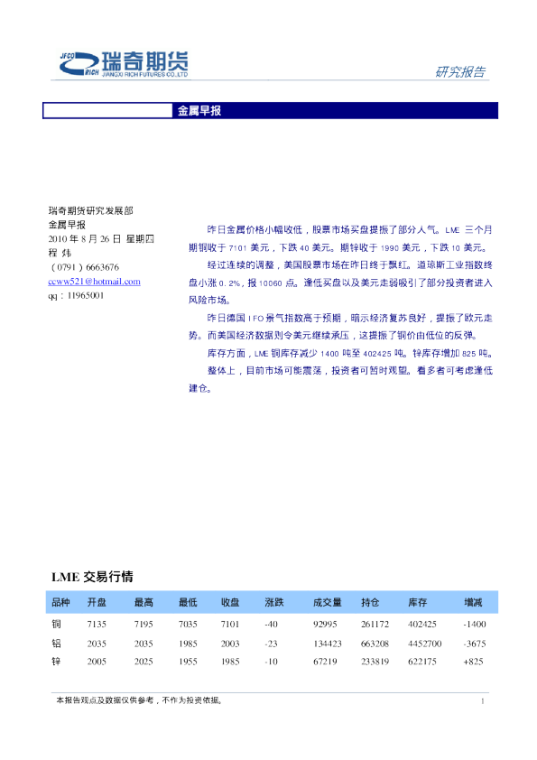 瑞奇期货金属早报