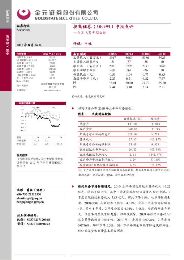 中报点评：自营拖累中期业绩