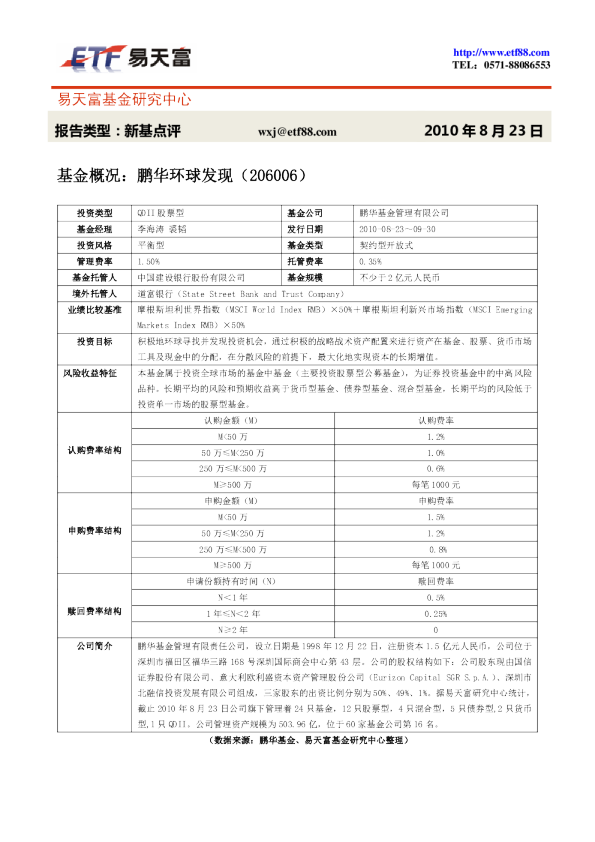基金概况:鹏华环球发现