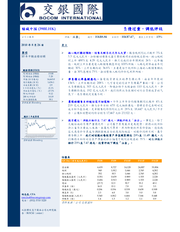 绿城中国：负债过重，调低评级