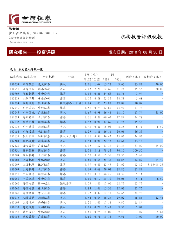 中原证券机构投资评级快报