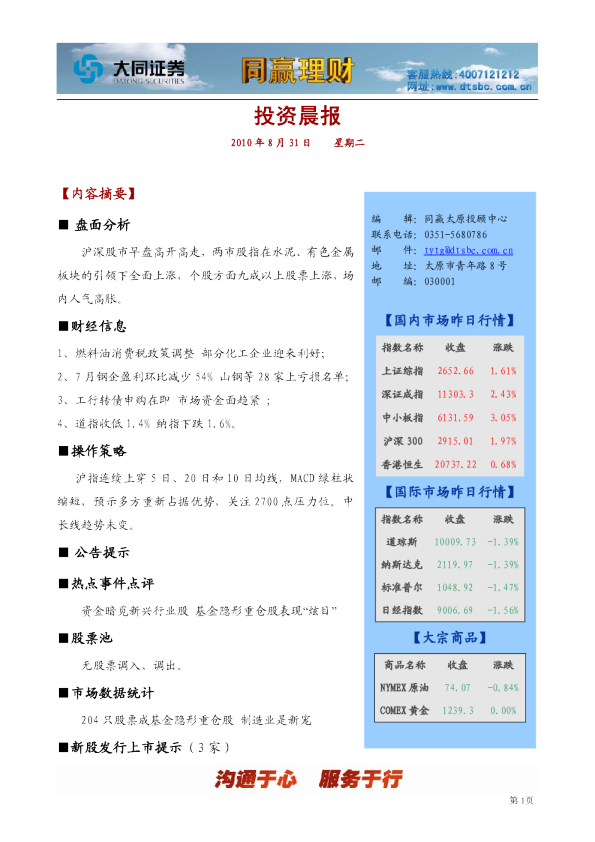 大同证券同赢太原投资晨报