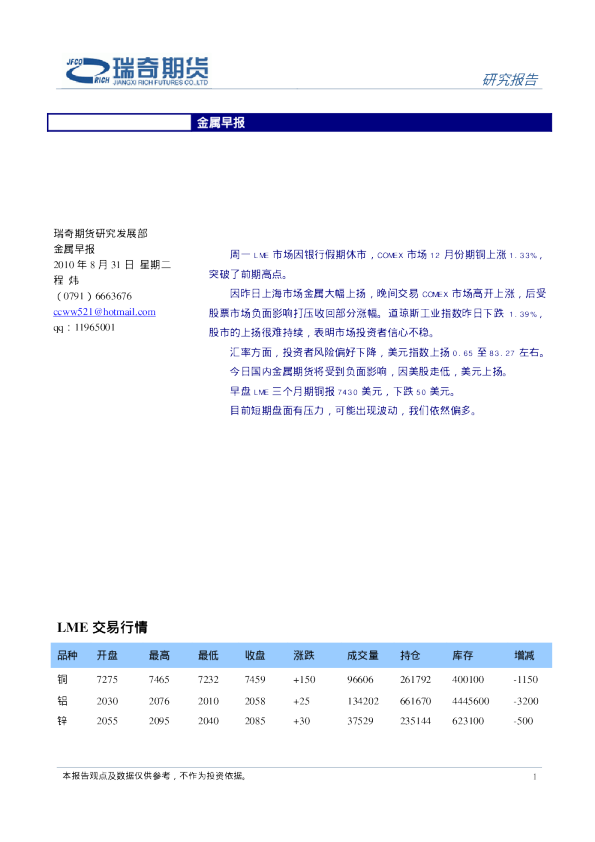 瑞奇期货金属早报