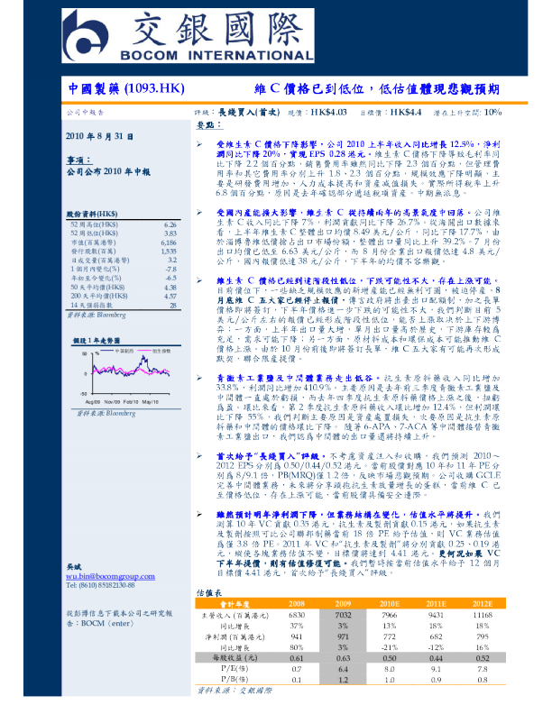 中国制药：维C价格已到低位，低估值体现悲观预期