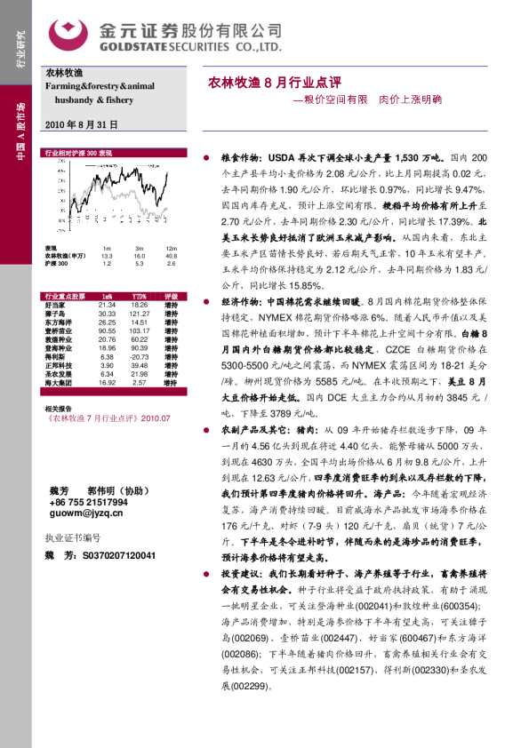 农林牧渔8月行业点评：粮价空间有限,肉价上涨明确