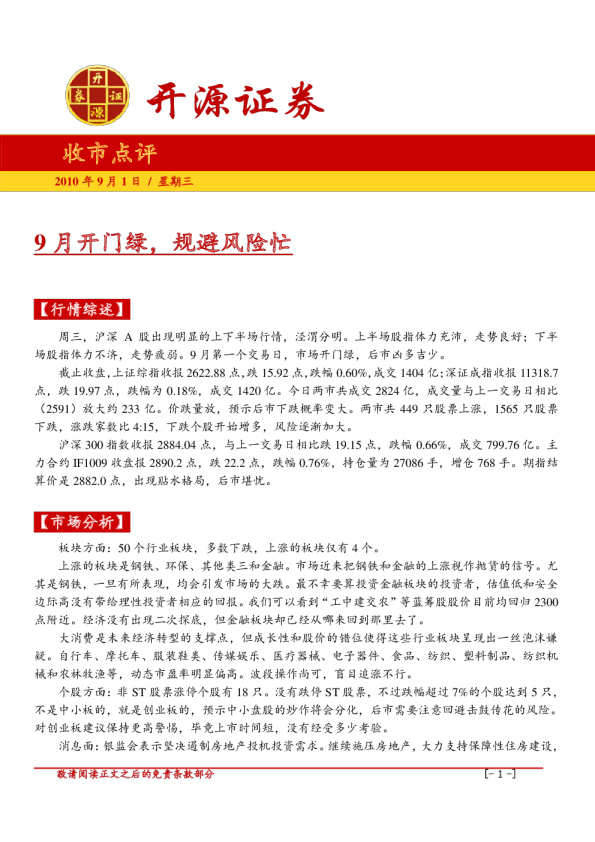 收市点评：9月开门绿,规避风险忙