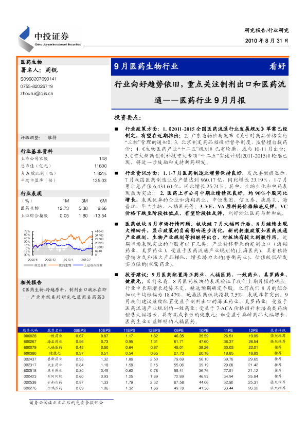 医药行业9月月报：行业向好趋势依旧,重点关注制剂出口和医药流通