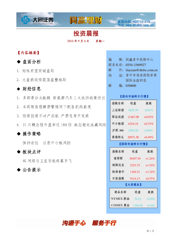 大同证券同赢晋中投资晨报