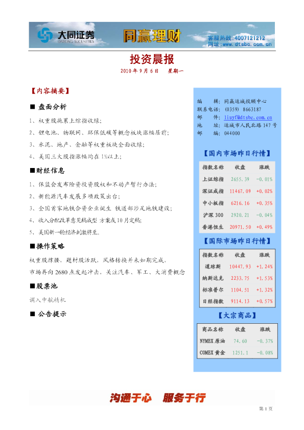 大同证券同赢运城投资晨报