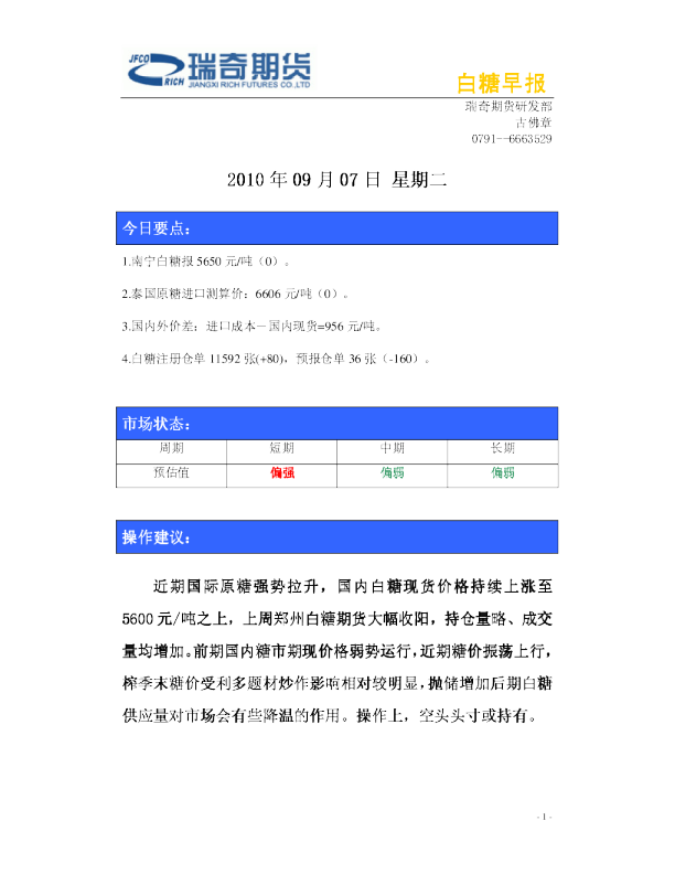 瑞奇期货白糖早报