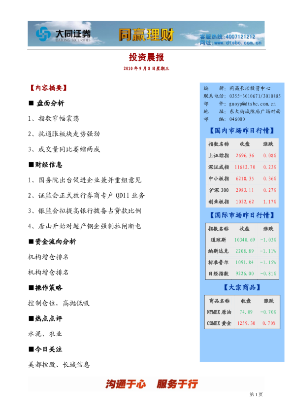 大同证券同赢长治投资晨报