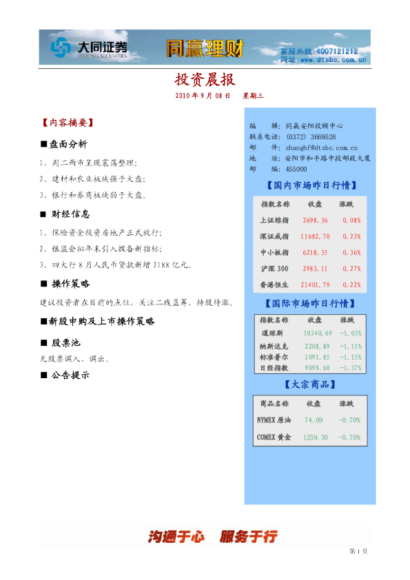大同证券同赢安阳投资晨报