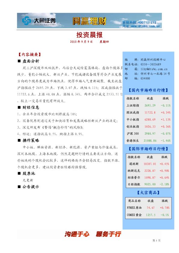 大同证券同赢忻州投资晨报
