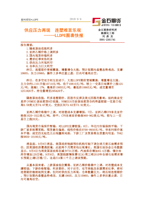 LLDPE图表快报：供应压力再现,连塑难言乐观