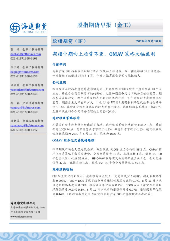 海通期货股指期货早报