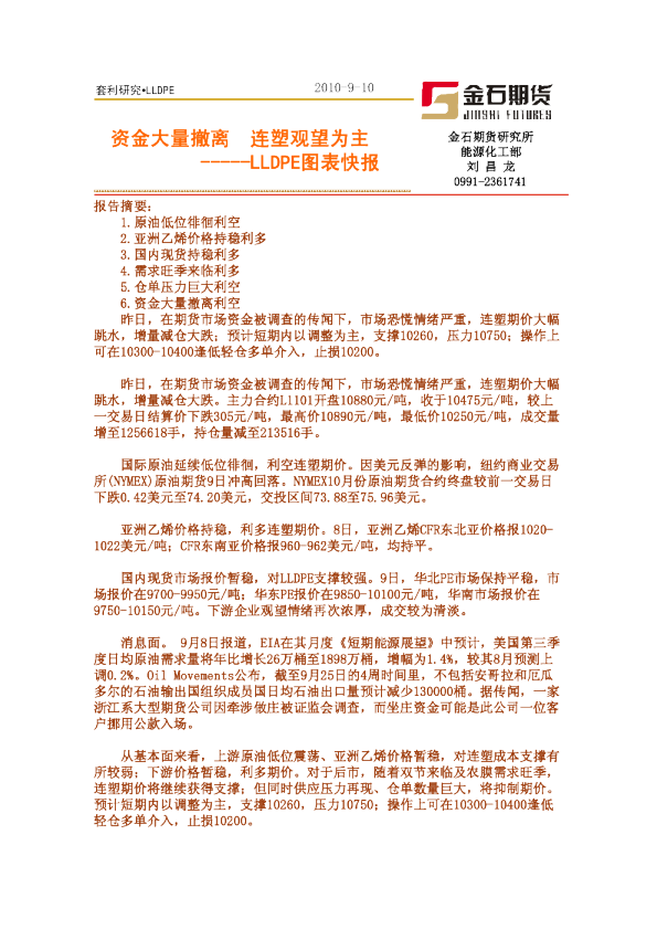 LLDPE图表快报：资金大量撤离,连塑观望为主
