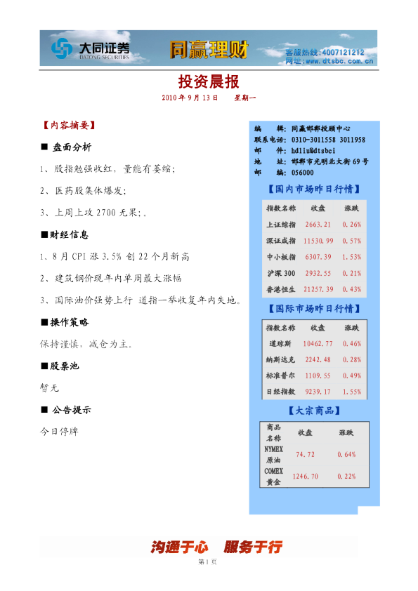 大同证券同赢邯郸投资晨报