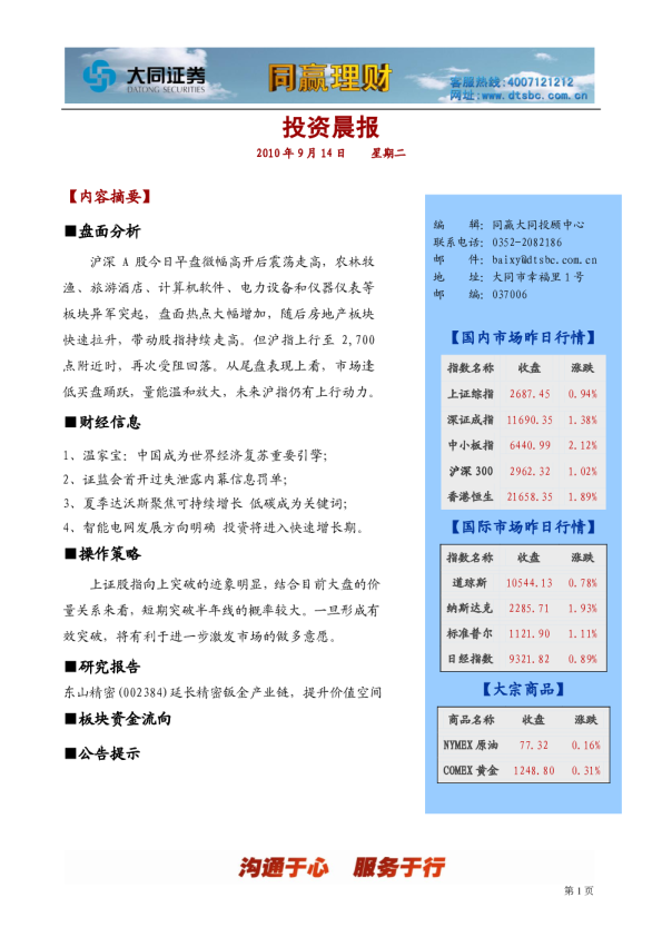 大同证券同赢投资晨报