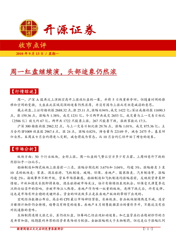 收市点评：周一红盘继续演,头部迹象仍然浓
