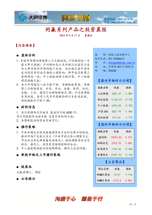 大同证券同赢上海投资晨报