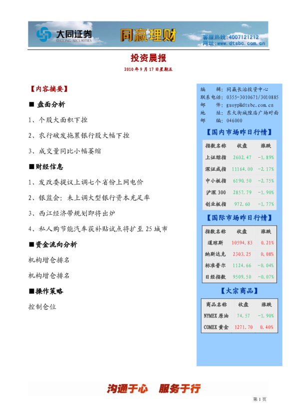 大同证券同赢长治投资晨报