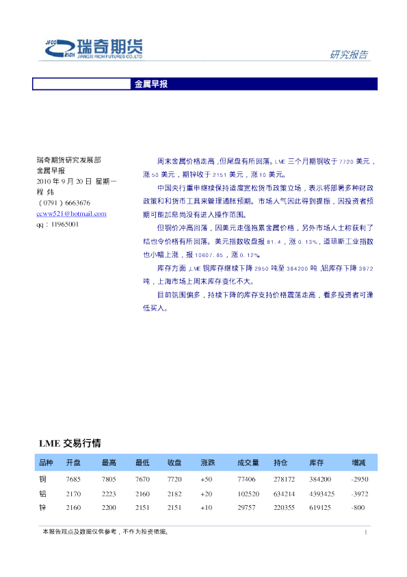 瑞奇期货金属早报
