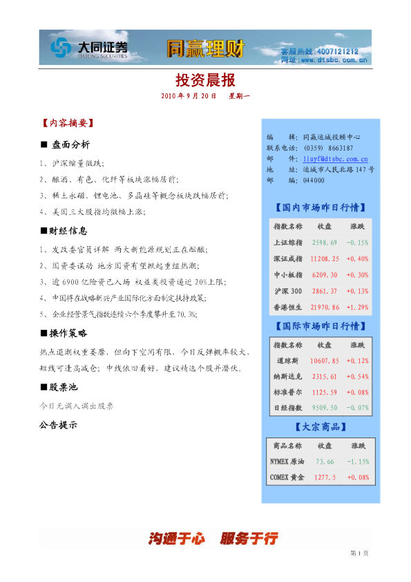 大同证券同赢运城投资晨报