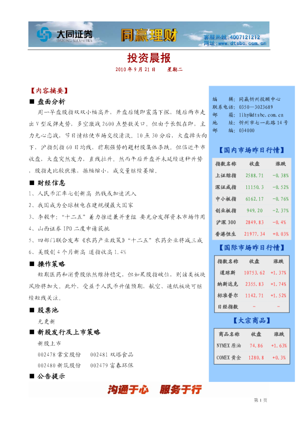 大同证券同赢忻州投资晨报