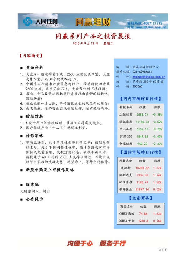 大同证券同赢上海投资晨报