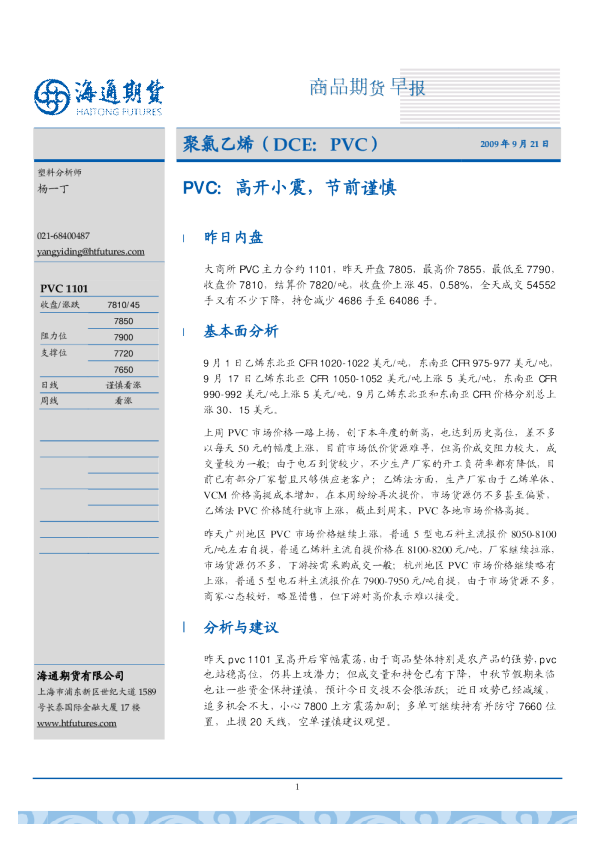 PVC：高开小震,节前谨慎