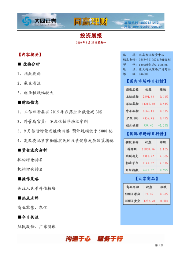大同证券同赢长治投资晨报