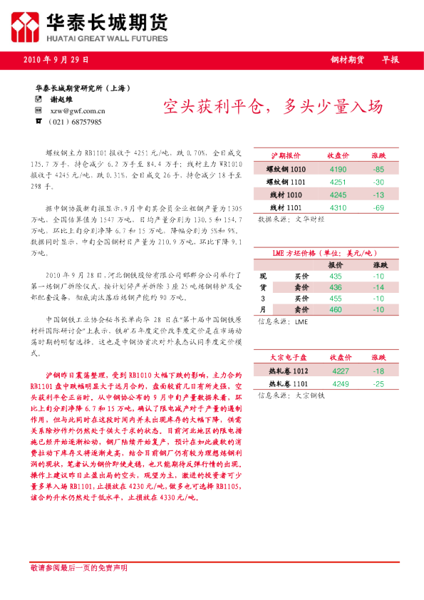 华泰长城期货钢材期货早报