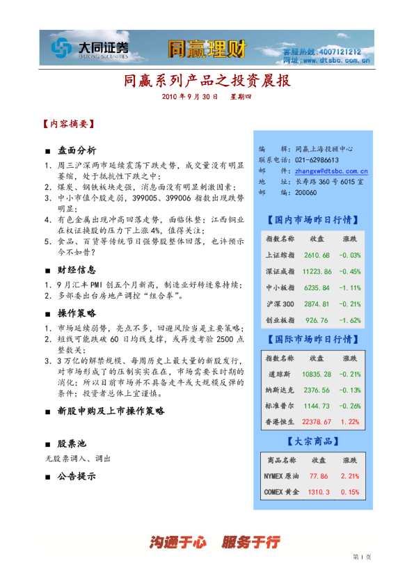 大同证券同赢上海投资晨报