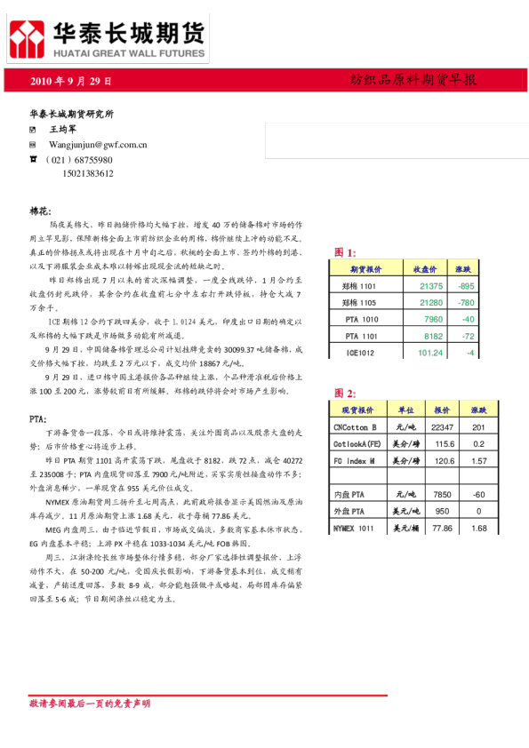 华泰长城纺织品原料早报