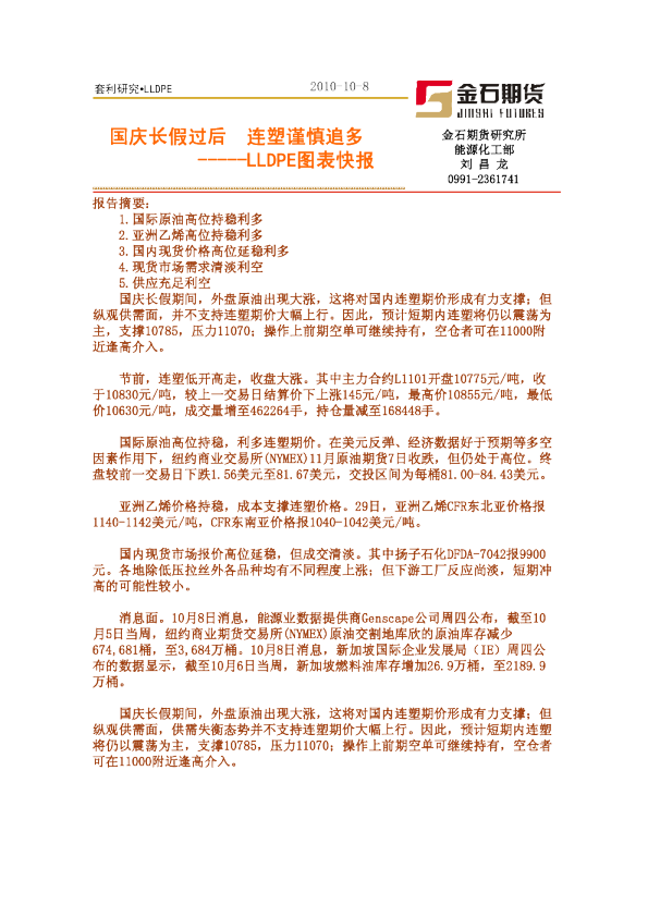 LLDPE图表快报：国庆长假过后,连塑谨慎追多