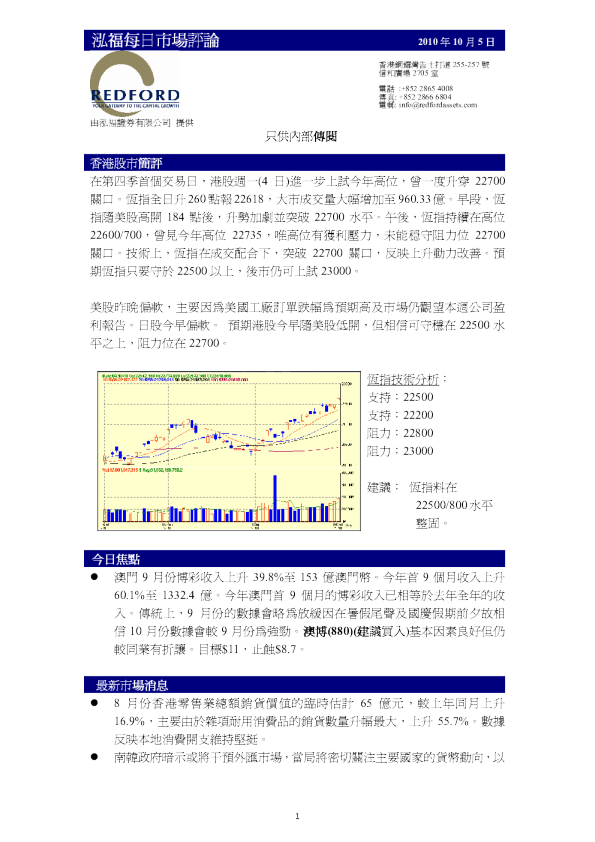 泓福证券每日市场评论