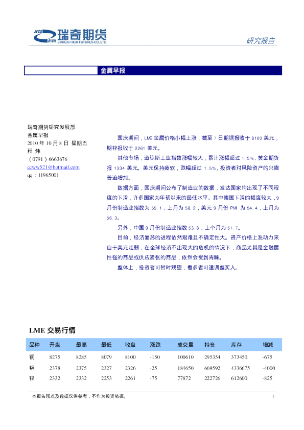 瑞奇期货金属早报