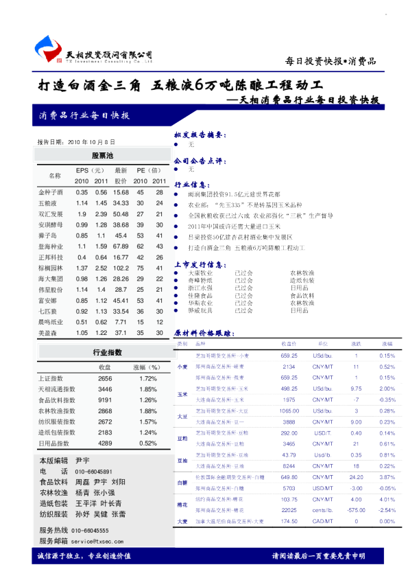 天相消费品行业每日投资快报