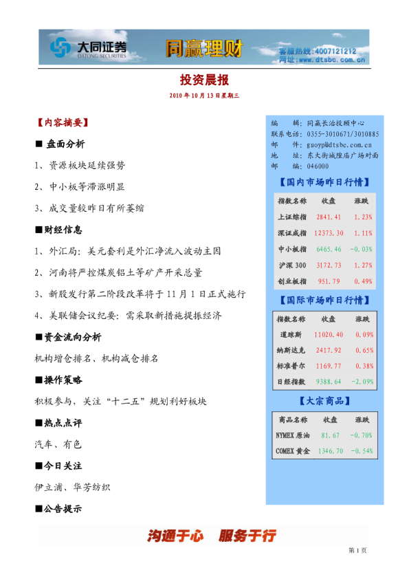 大同证券同赢长治投资晨报